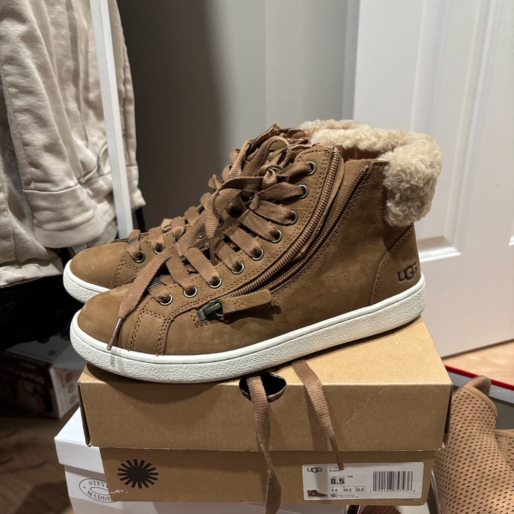 UGG Tan High-Top Sneakers with Shearling Lining